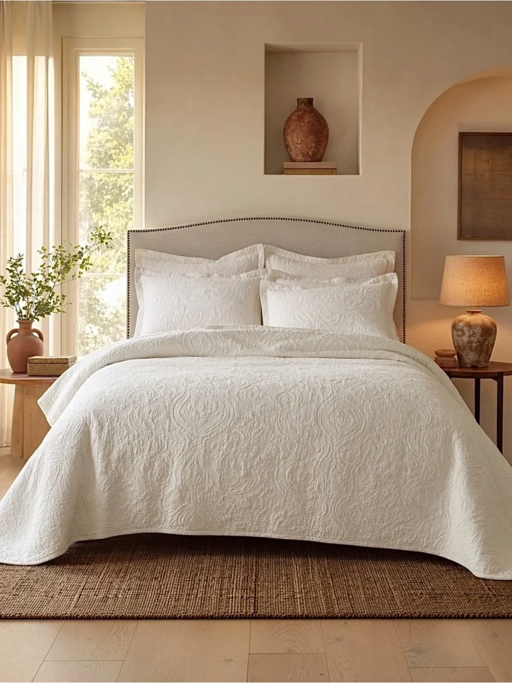 NEW Anthropologie White Queen King Boho Damask Quilt Bedspread Blanket Sham Set